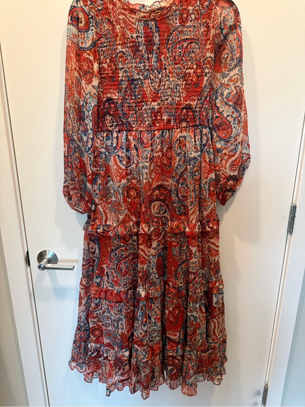 Red Paisley Tiered Long Sleeve Dress